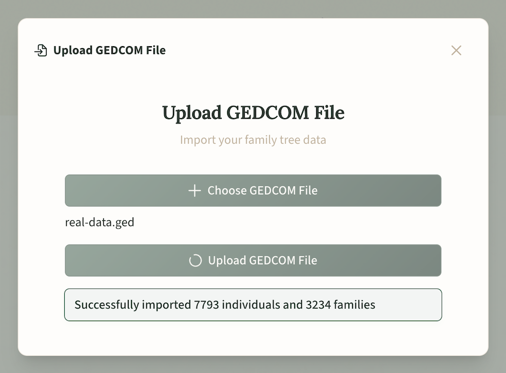 Diálogo de subida de GEDCOM mostrando la importación correcta de individuos y familias