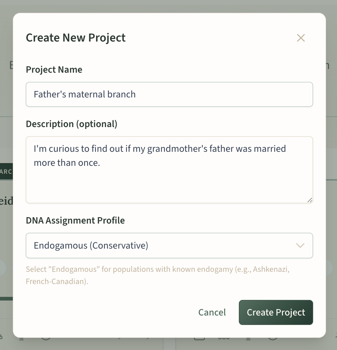 Diálogo Crear Nuevo Proyecto que muestra los campos de nombre, descripción y perfil de asignación de ADN